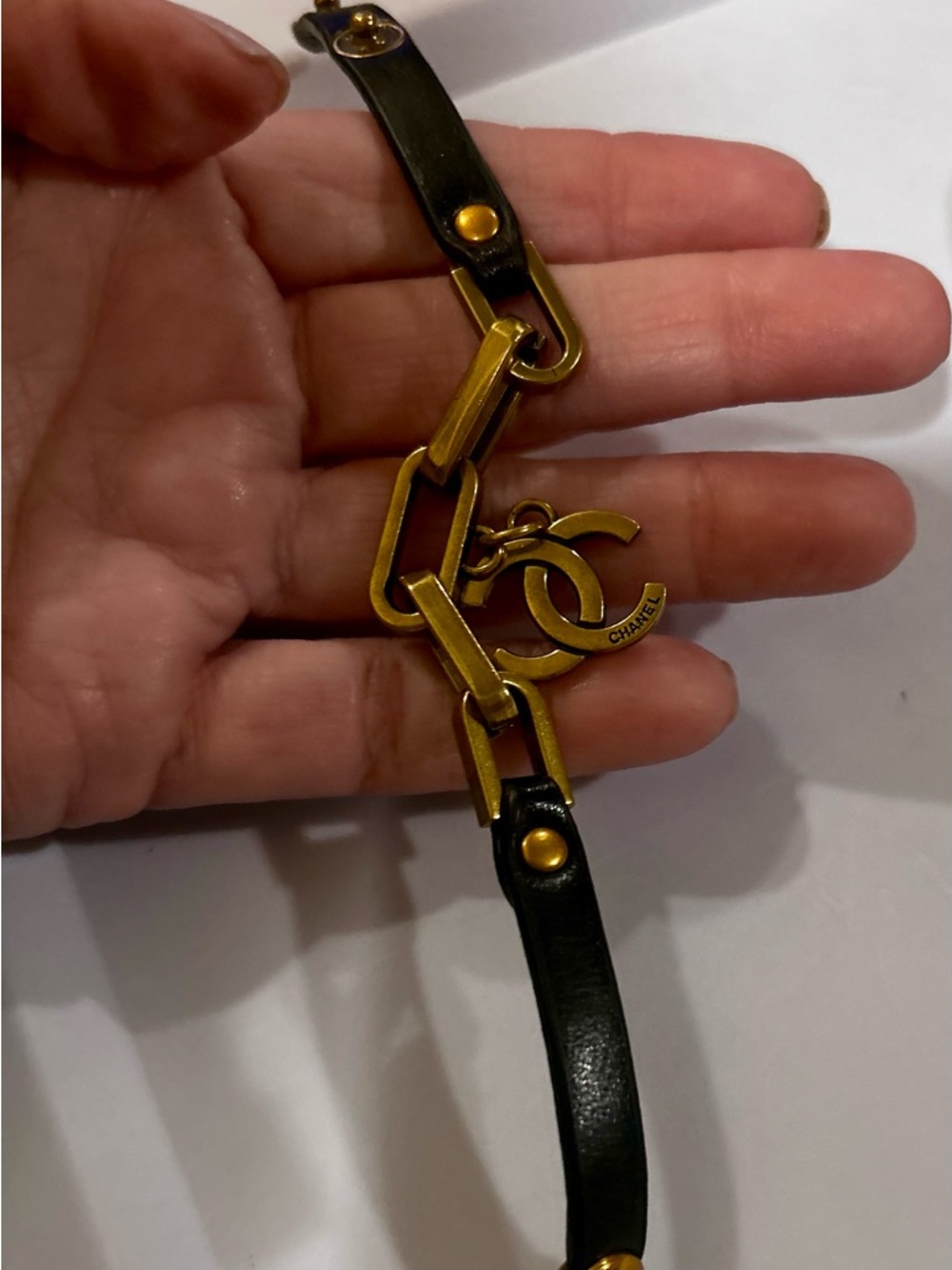 Black Leather Bracelet with Gold-Tone Logo Charm, NEW